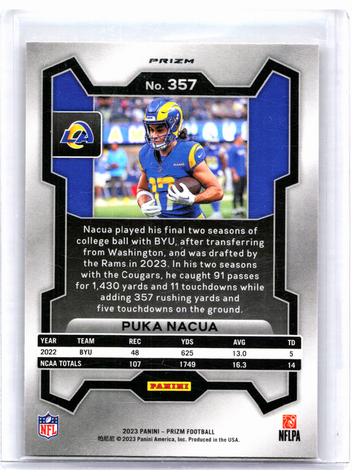 2023 Panini Prizm Football—Puka Nacua #357 Orange Lazer Rookie RC Rams