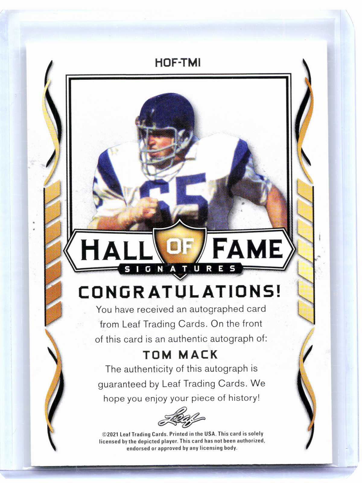 2021 Leaf Hall of Fame Signatures Football—Tom Mack #HOF-TM1 Blue Auto