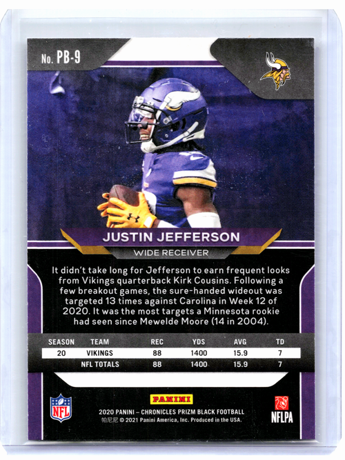 2021 Panini Chronicles Prizm Black Football—Justin Jefferson #PB-9 Rookie RC