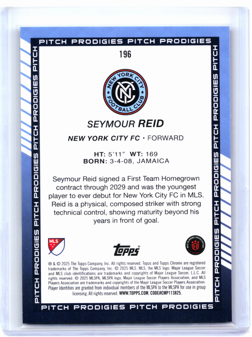 2025 Topps Chrome MLS Soccer—Seymour Reid #196 Black Refractor Rookie 09/10 RC