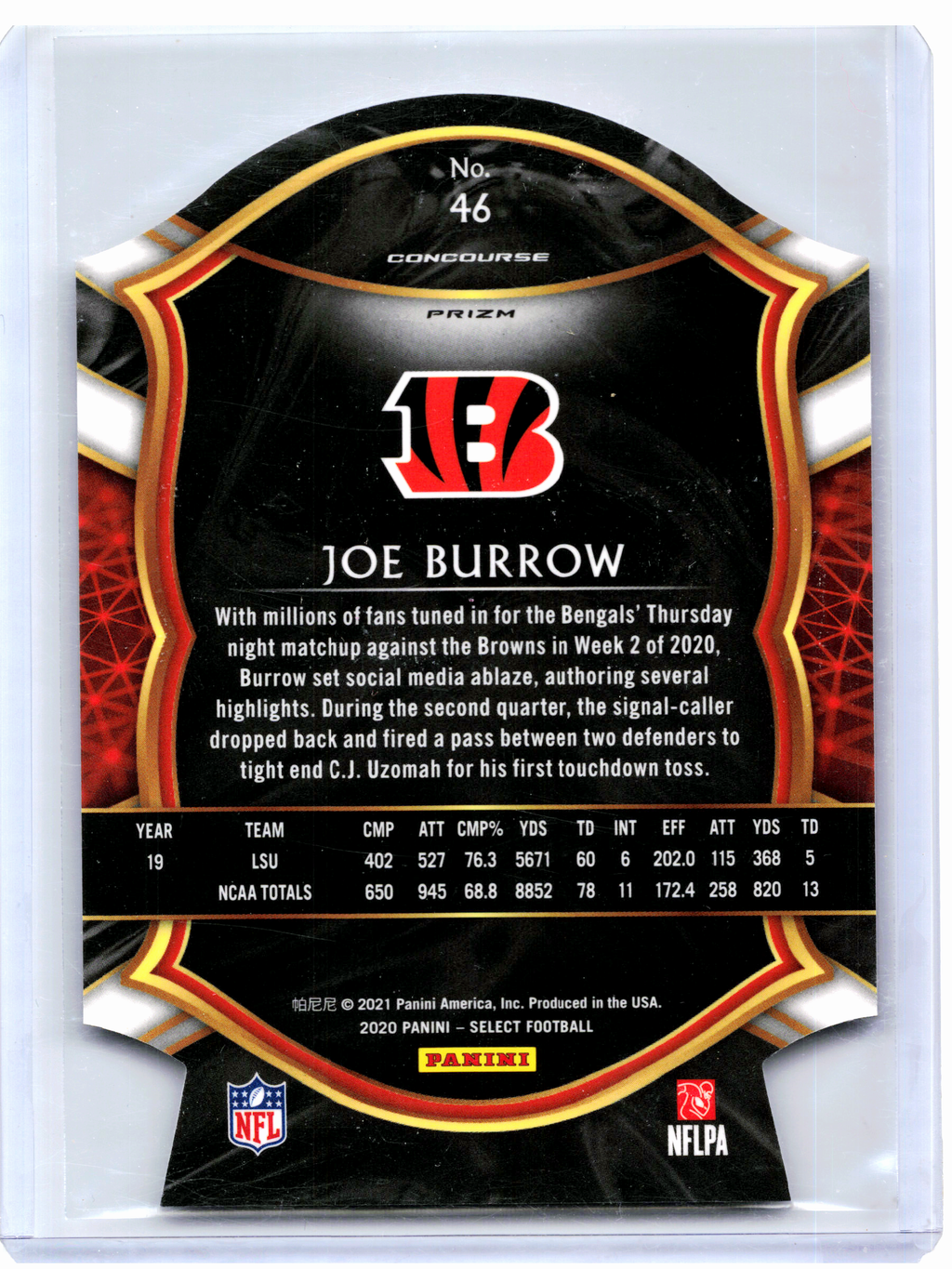 2021 Panini Select Football—Joe Burrow #46 White Prizm Rookie RC Bengals