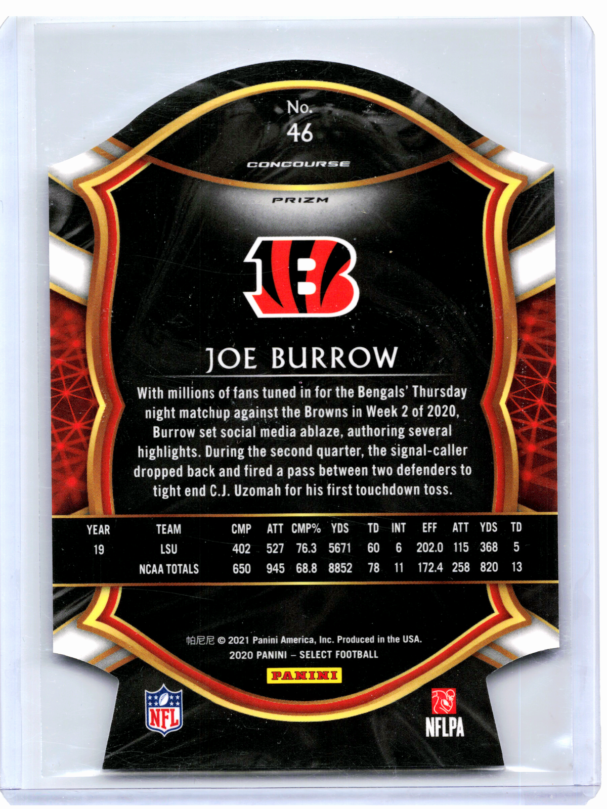 2021 Panini Select Football—Joe Burrow #46 White Prizm Rookie RC Bengals