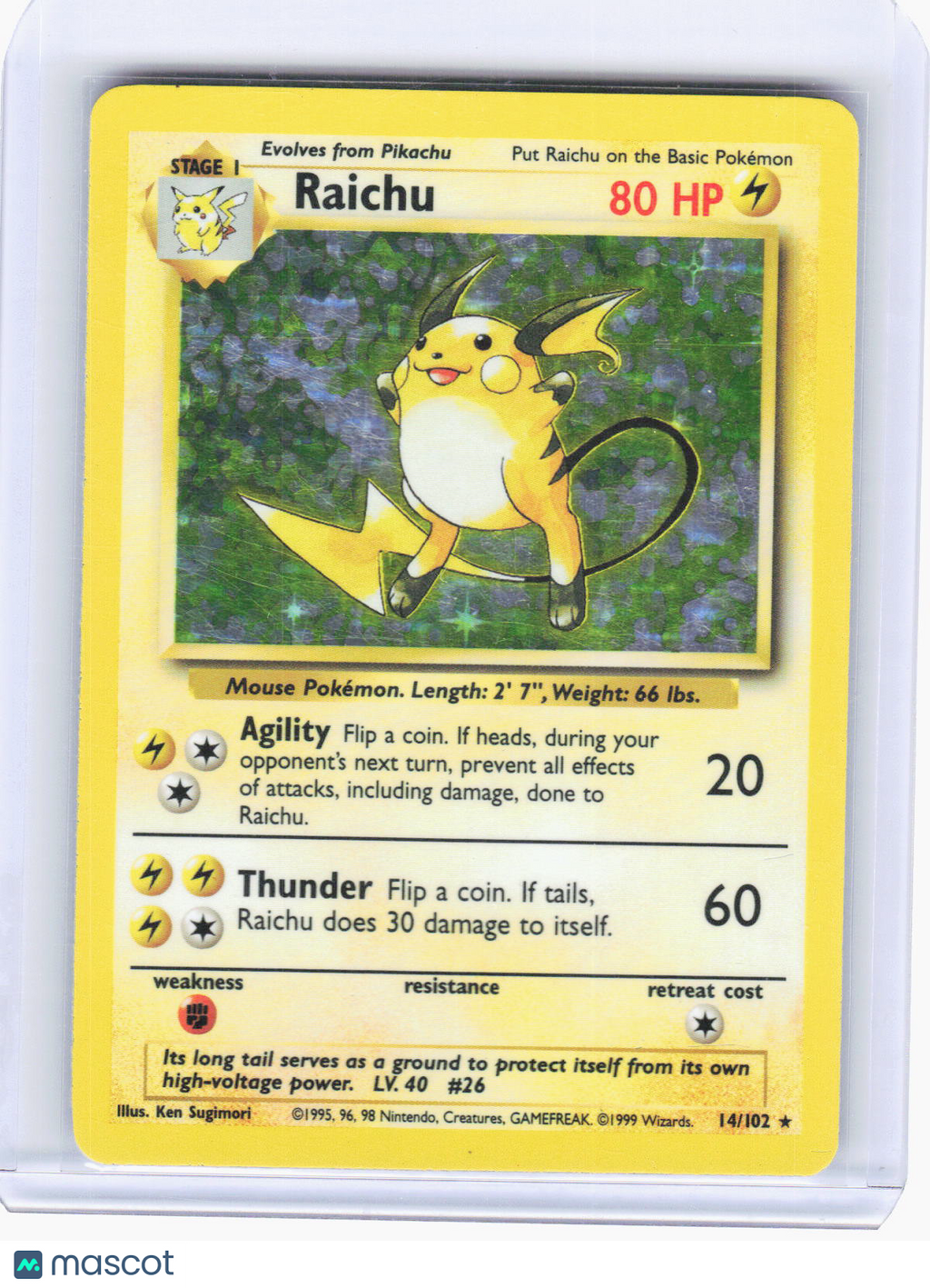 Pokemon—Raichu #14/102 1999 Base Set—Rare HP