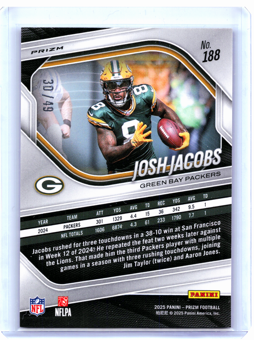 2025 Panini Prizm Football—Josh Jacobs #188 Purple Power Prizm 30/49