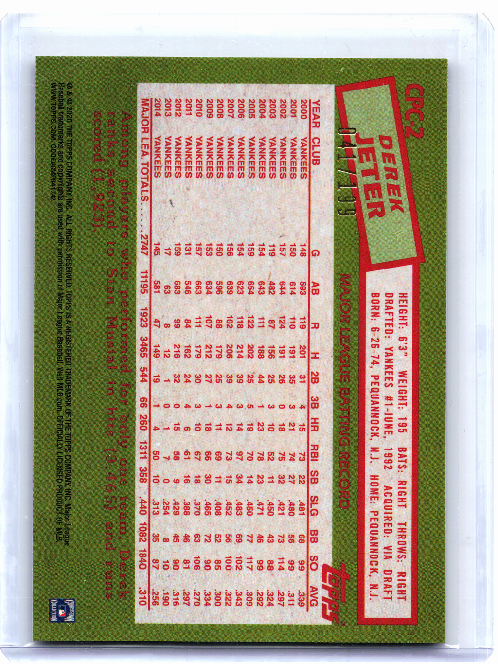 2020 Topps Baseball—Derek Jeter #CPC-2 Black Mojo Ref. /199 Yankees