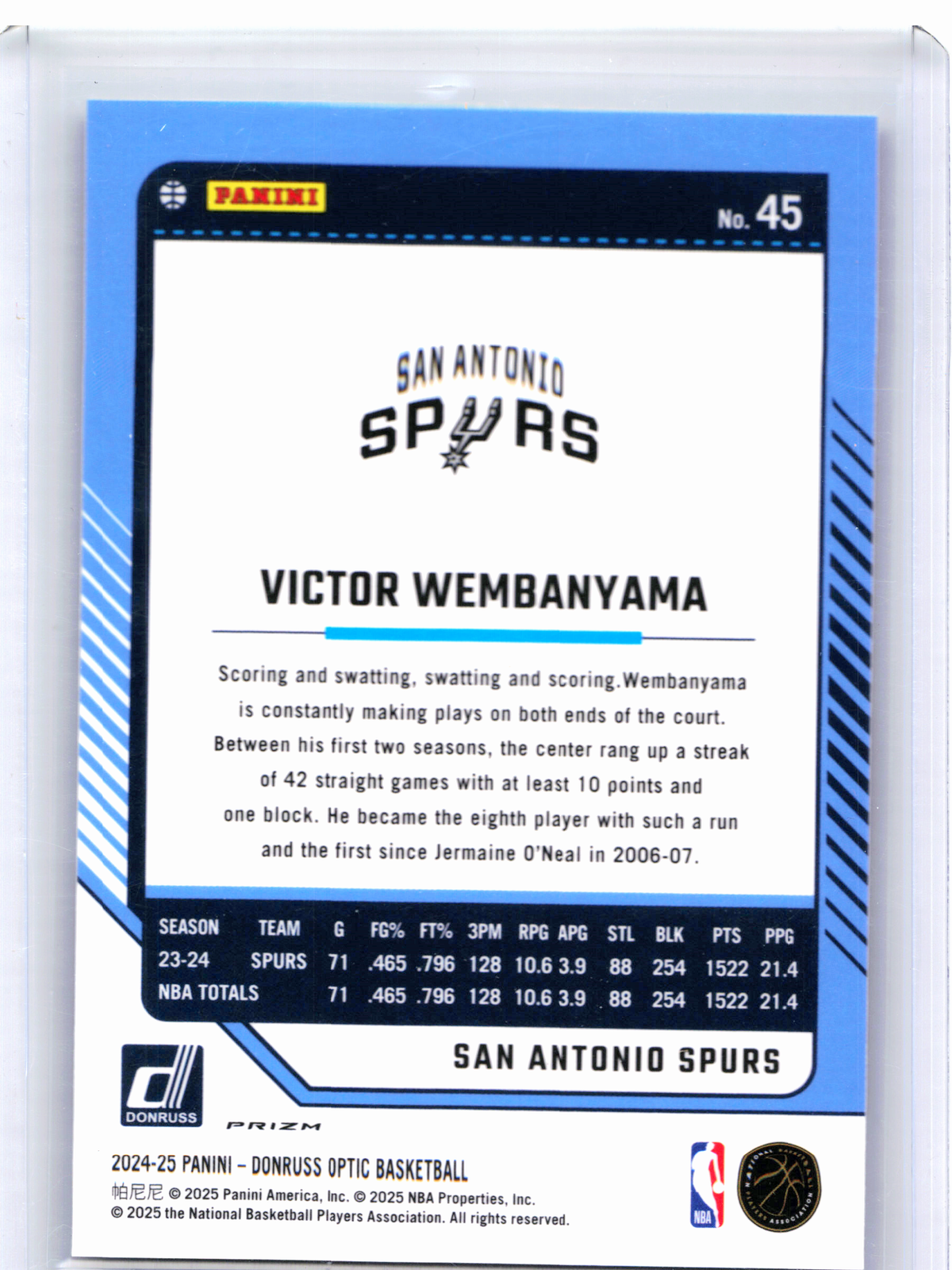 2024-25 Panini Donruss Optic Basketball—Victor Wembanyama #45 Holo Prizm