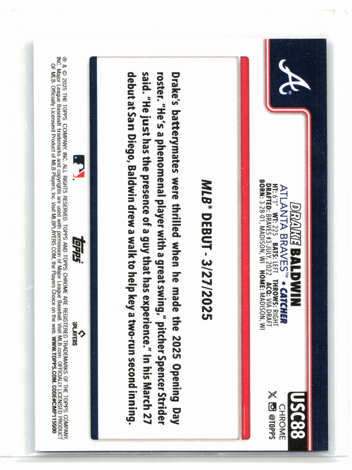 2025 Topps Chrome Baseball—Drake Baldwin #USC88 Blue Wave Ref Rookie RC 116/150