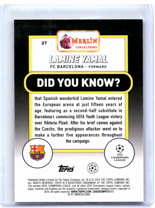 2024 Topps Merlin Heritage UEFA  Soccer—Lamine Yamal  Rookie #27 RC