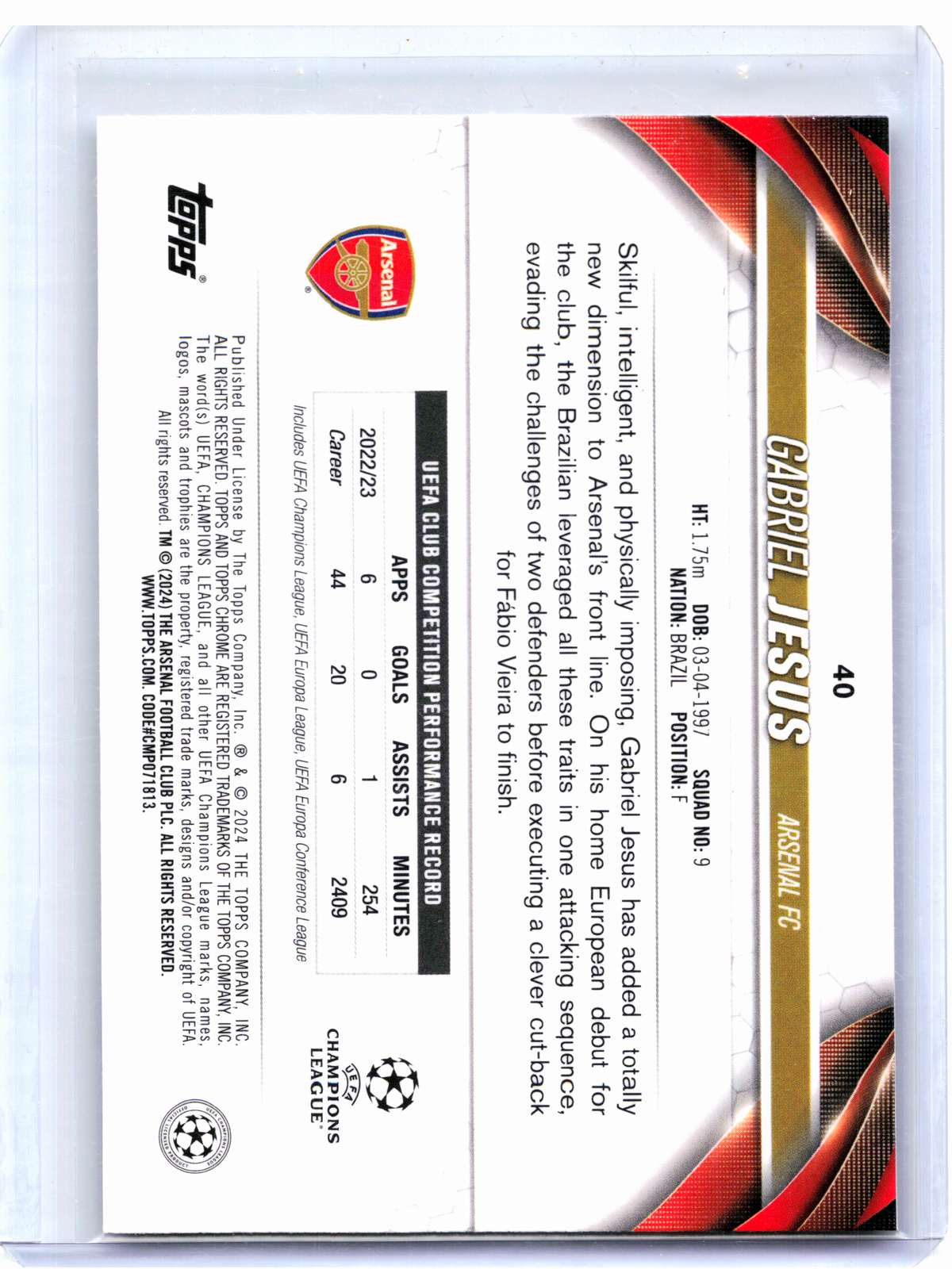 2024 Topps Chrome UEFA Soccer—Gabriel Jesus #40 Night Vision Raywave 118/225
