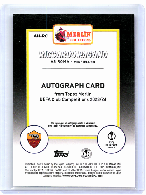 2024 Topps Merlin UEFA Soccer—Riccardo Pagano #AH-RC Silver Auto RC 65/99