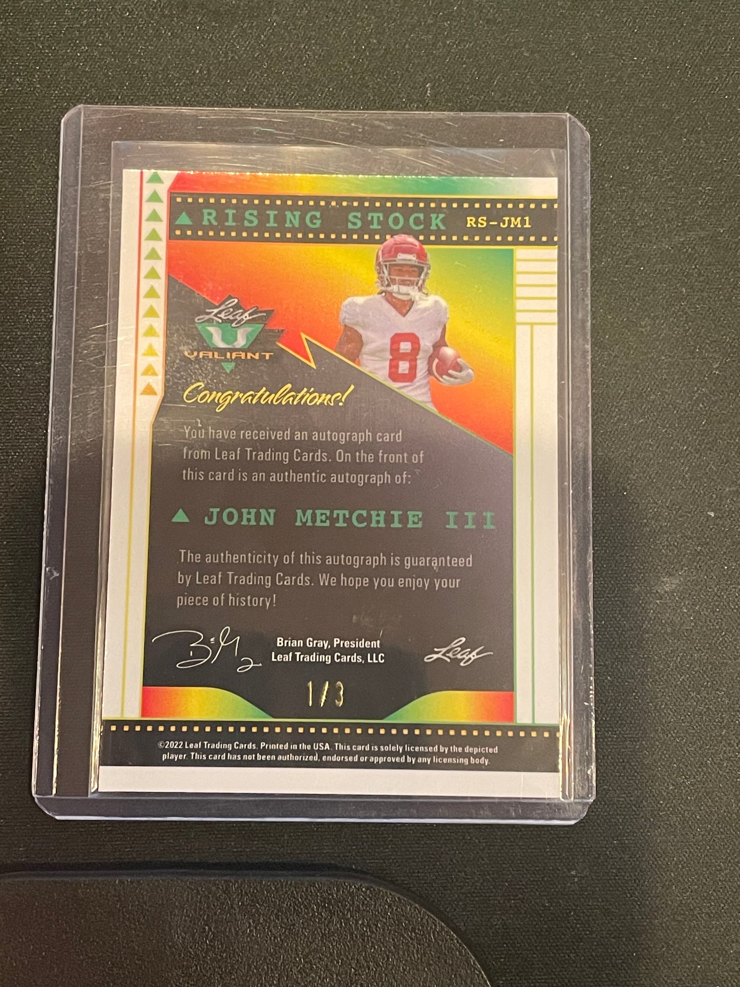 2022 Leaf Valiant Football John Metchie III Autograph Rising Stock /3 #RS-JM1