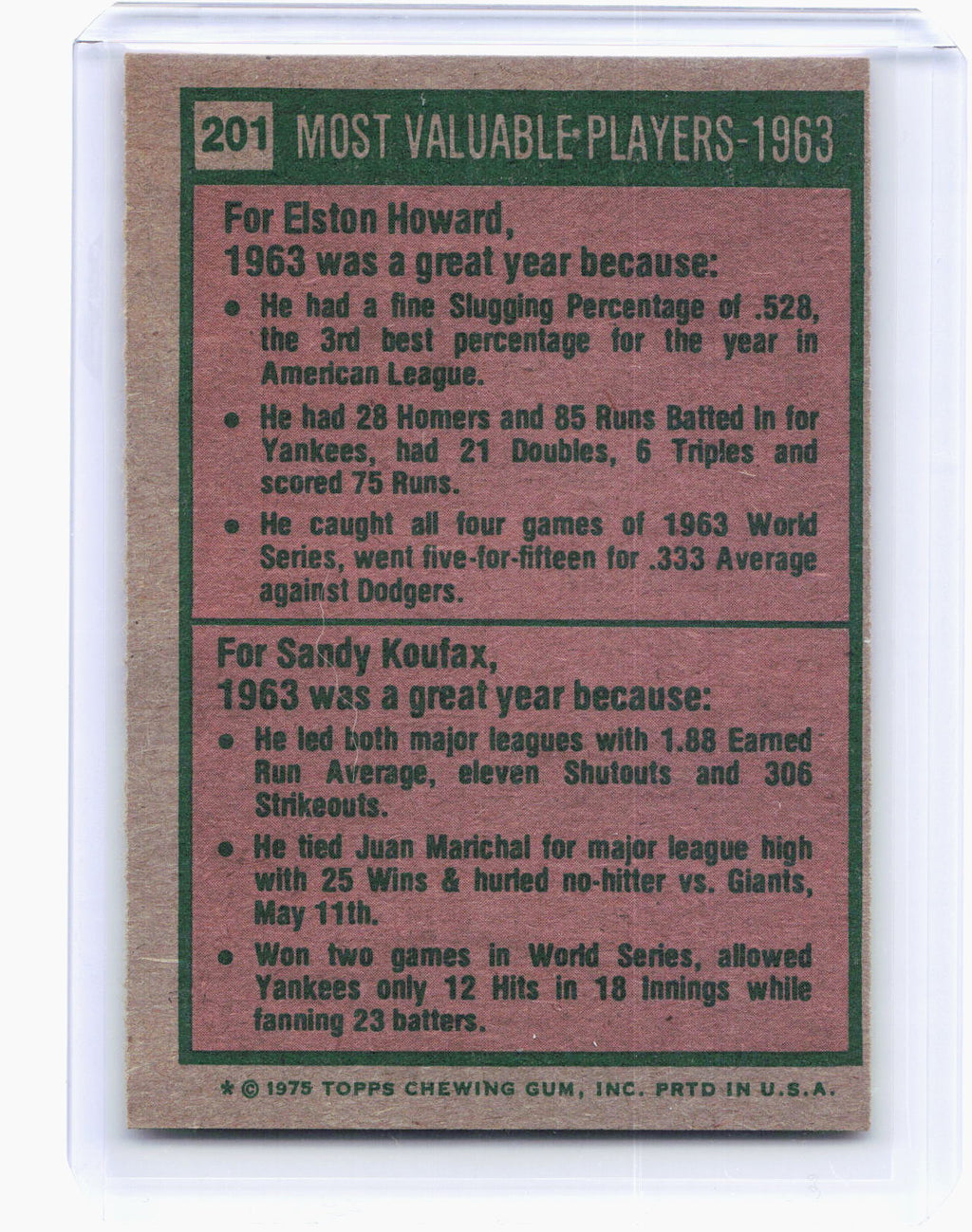 Topps 1975 Topps Baseball—1963 - Most Valuable Players #201 —Very Good