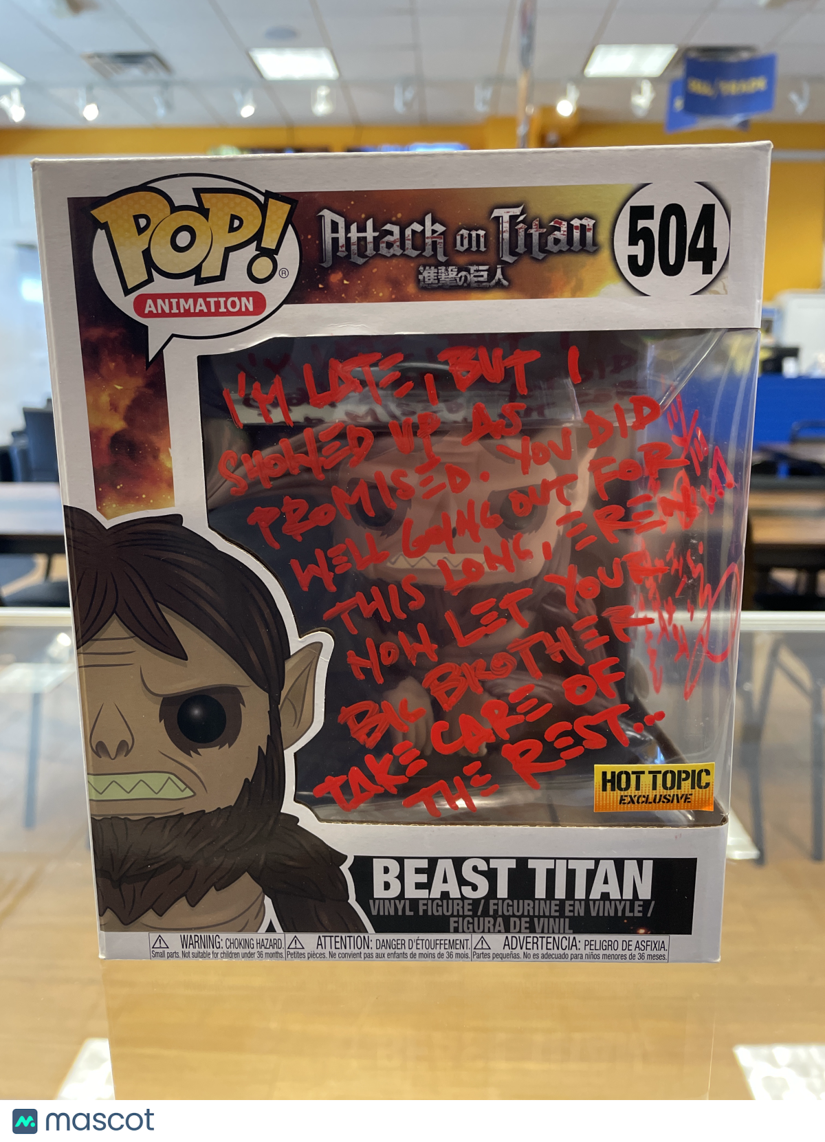 Funko AOT Beast Titan #504 (VG) Hot Topic Exclusive Jason Liebrecht Auto JSA - Papa Joey's Collectibles