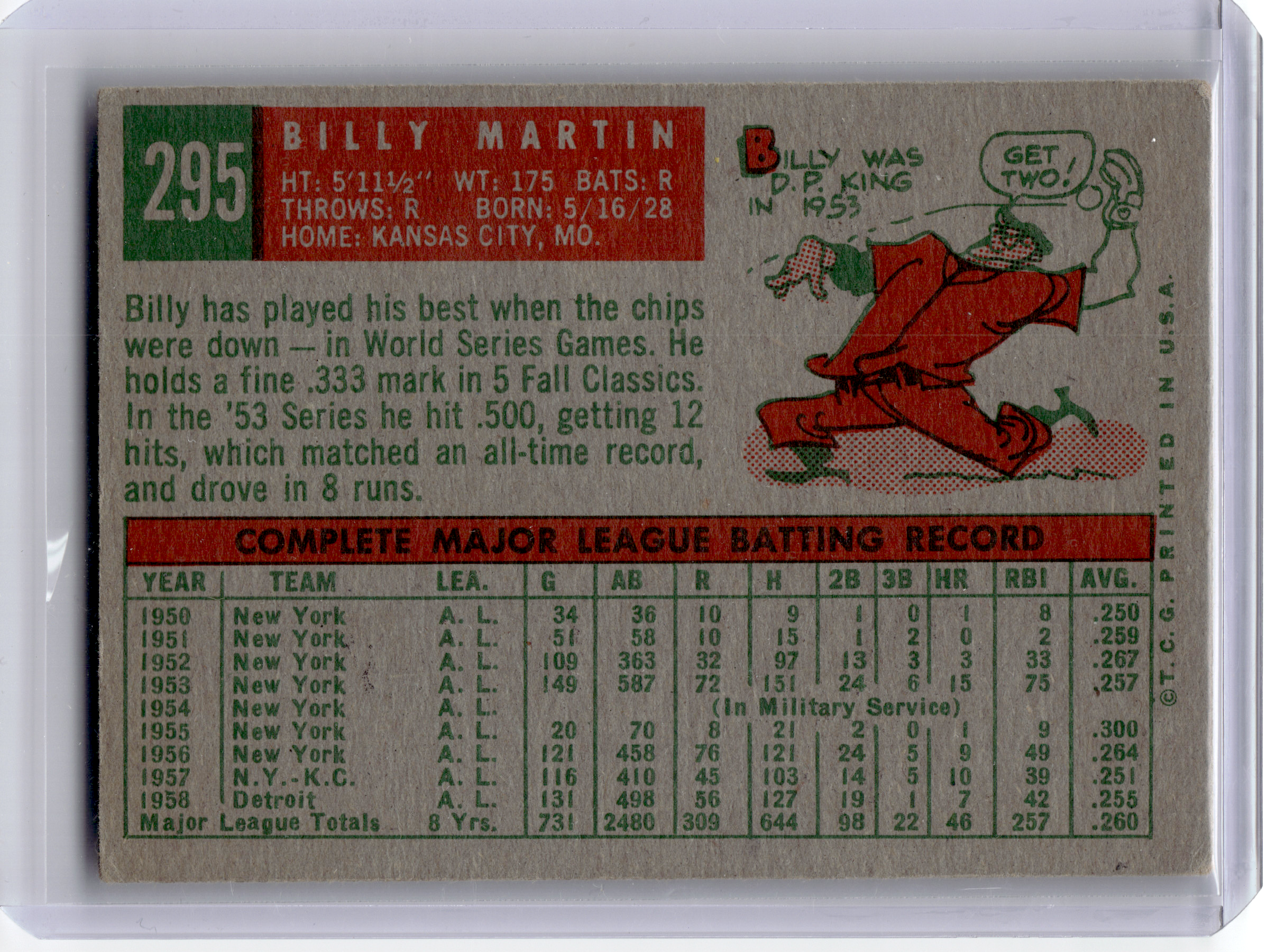 1959 Topps Baseball—Billy Martin #295 —Very Good