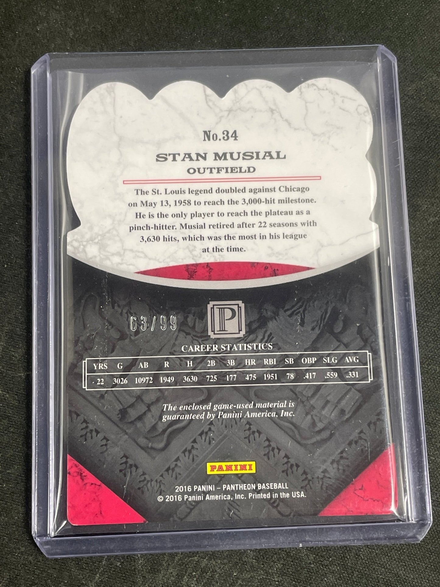 2016 Pantheon Baseball Stan Musial Relic /99 #34