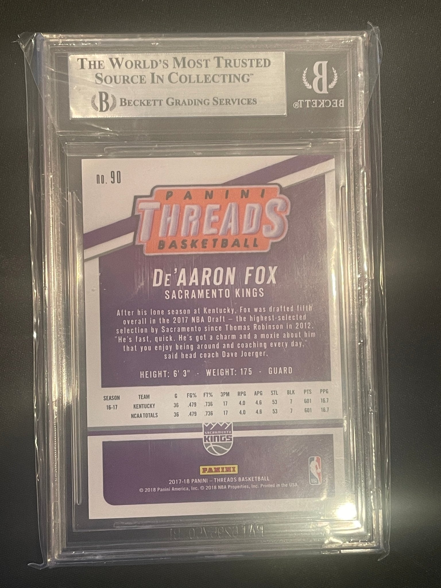 2017-18 Panini Threads Dazzle De'Aaron Fox #90 BGS 9