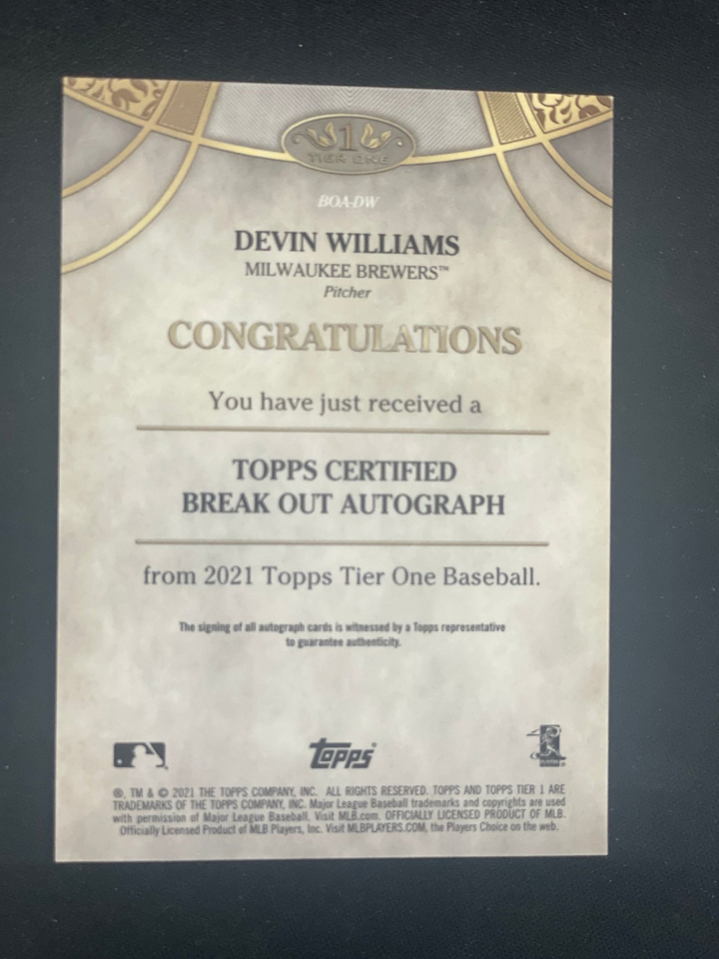 2021 Tier One Baseball Devin Williams Autograph /300 #BOA-DW