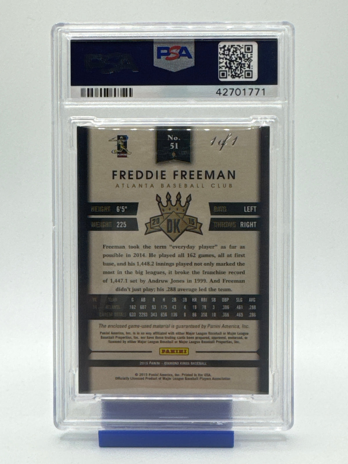2015 Panini Diamond Kings Baseball—Freddie Freeman #51 Material Black 1/1—PSA 9