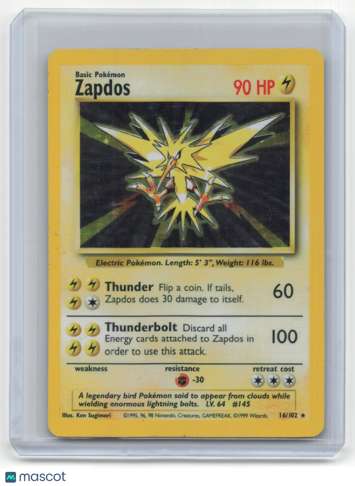 1999 Pokemon TCG Zapdos Base Set #16/102 Heavily Played Holo