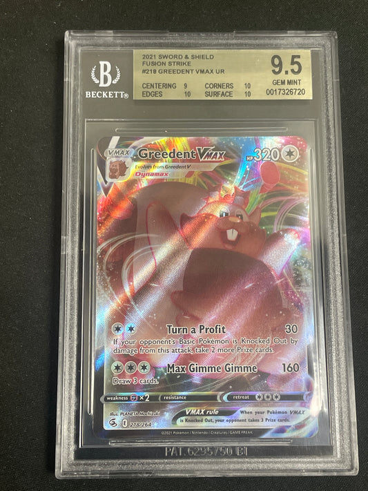 2021 Pokemon Sword and Shield Fusion Strike Pokemon Greedent VMAX UR #218 BGS 9.5