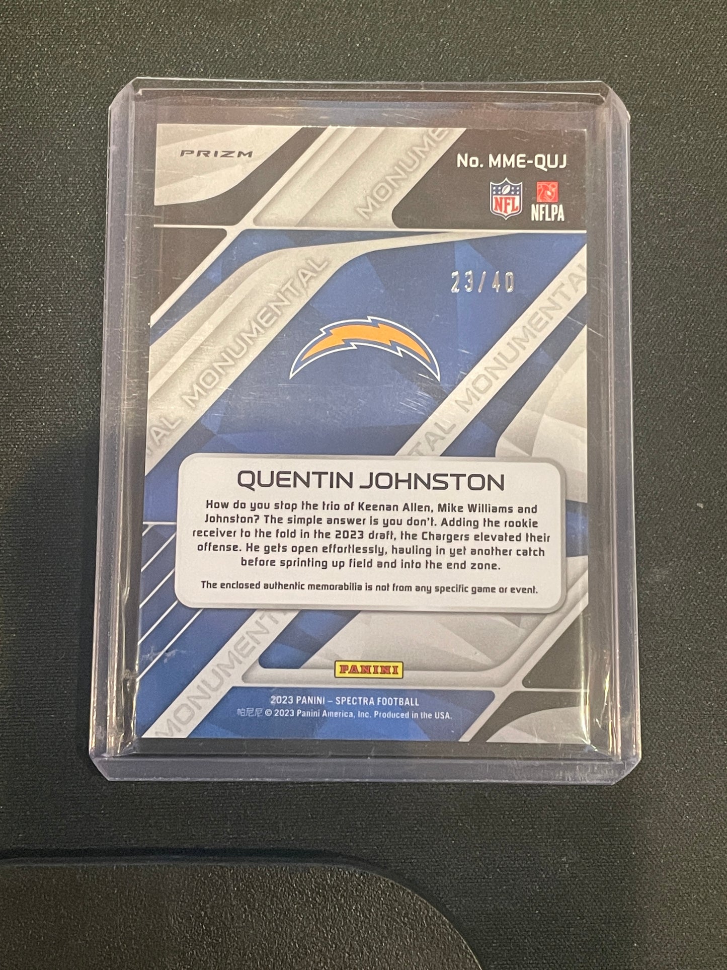 2023 Panini Spectra Football Quentin Johnston Relic /40 #MME-QUJ