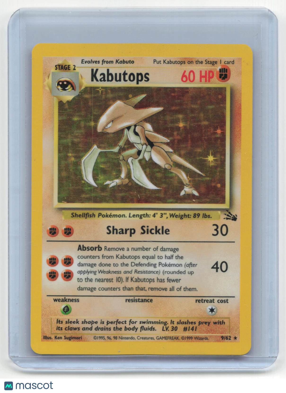 1999 Pokemon Kabutops Fossil #9/62 Lightly Played Holo