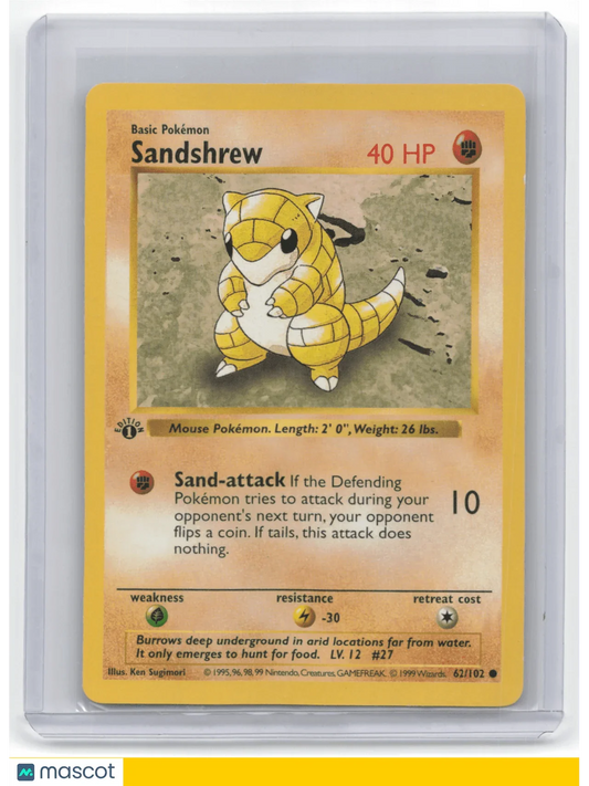 1999 Pokemon Sandshrew Base Set #62/102 1st Edition Shadowless - Papa Joey's Collectibles