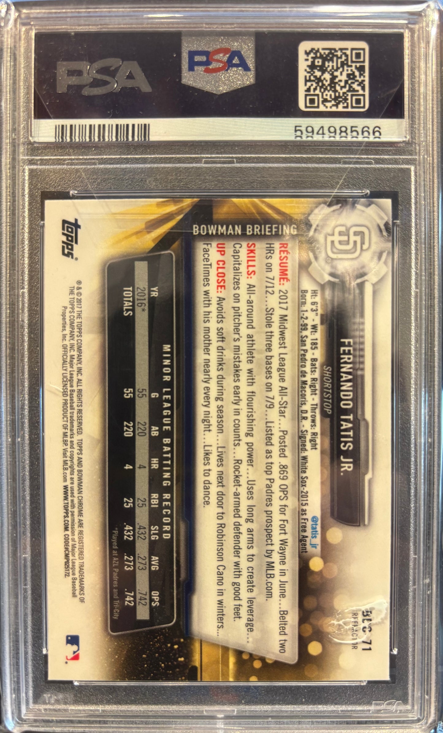 2017 Bowman Draft Baseball Fernando Tatis JR. Chrome Refractor #BDC71 PSA 9