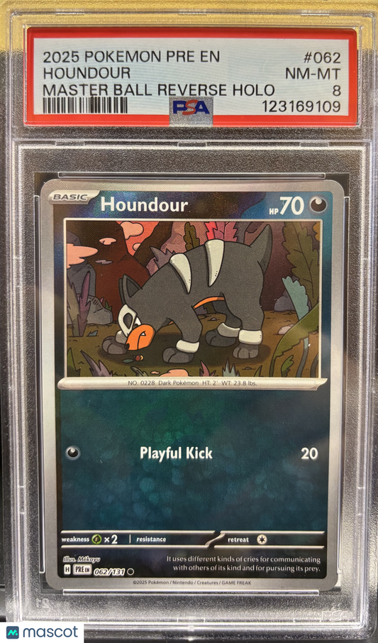 2025 Pokemon Houndour Prismatic Evolutions #062 Master Ball Reverse Holo PSA 8