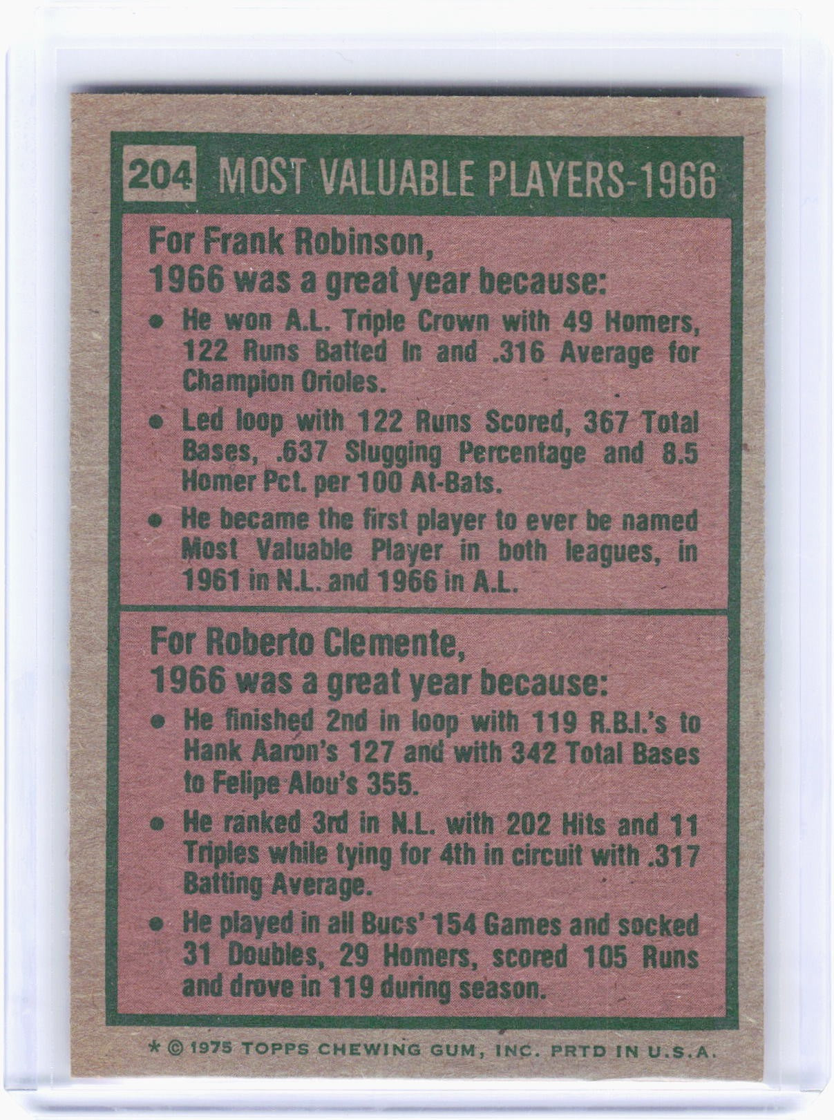 1975 Topps Baseball—1966 - Most Valuable Players #204 —Very Good