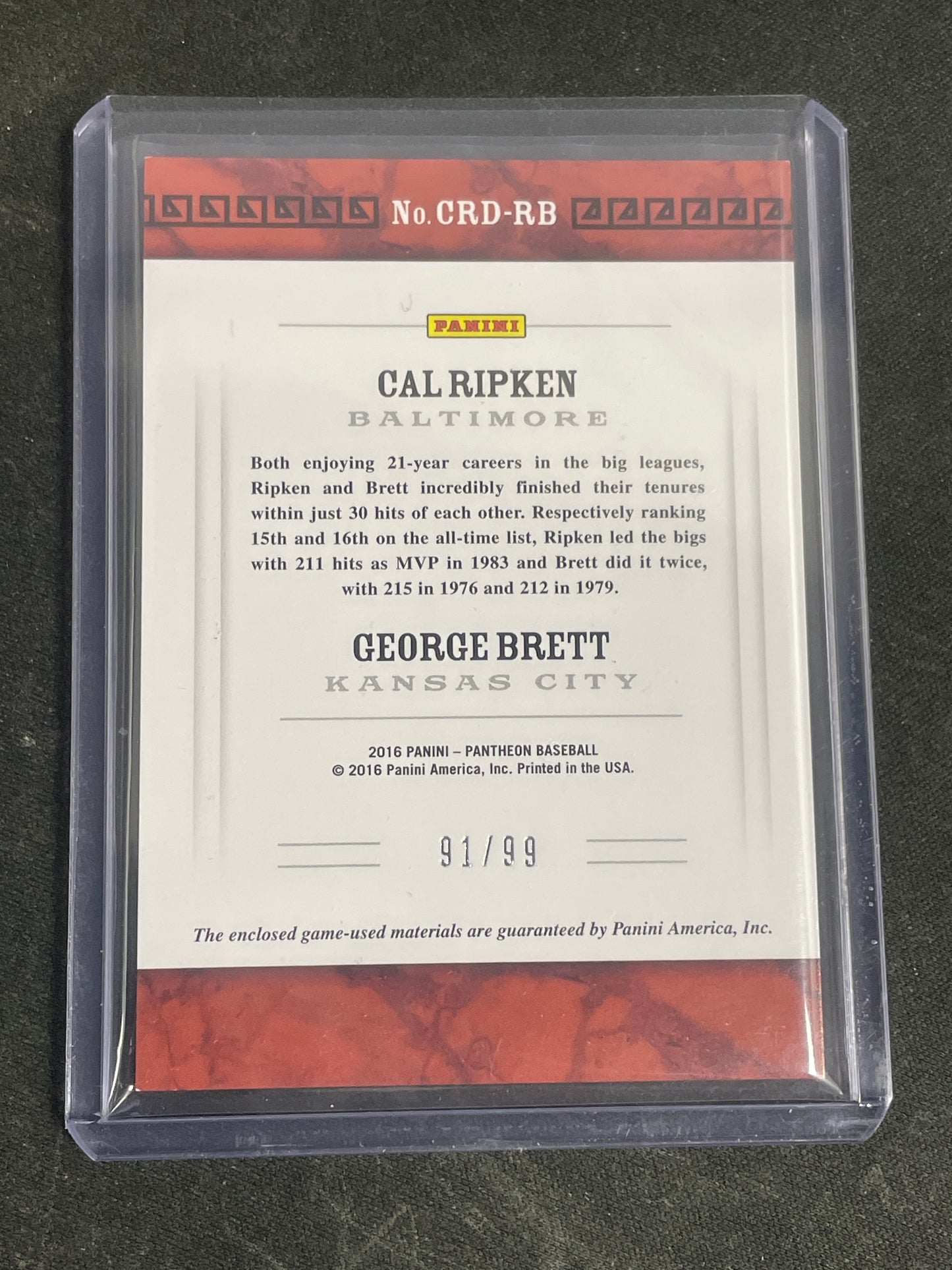 2016 Panini Pantheon Baseball George Brett Cal Ripken Relic Class and Rank Duals #CRD-RB