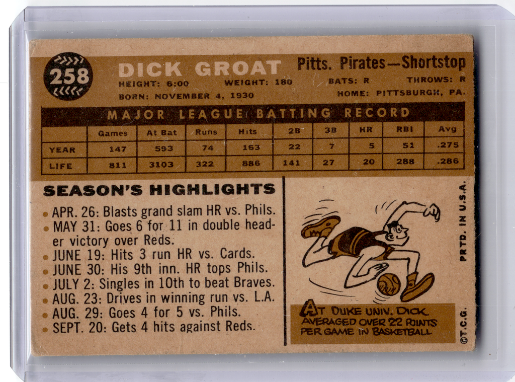 1961 Topps Baseball—Dick Groat #258 —Very Good