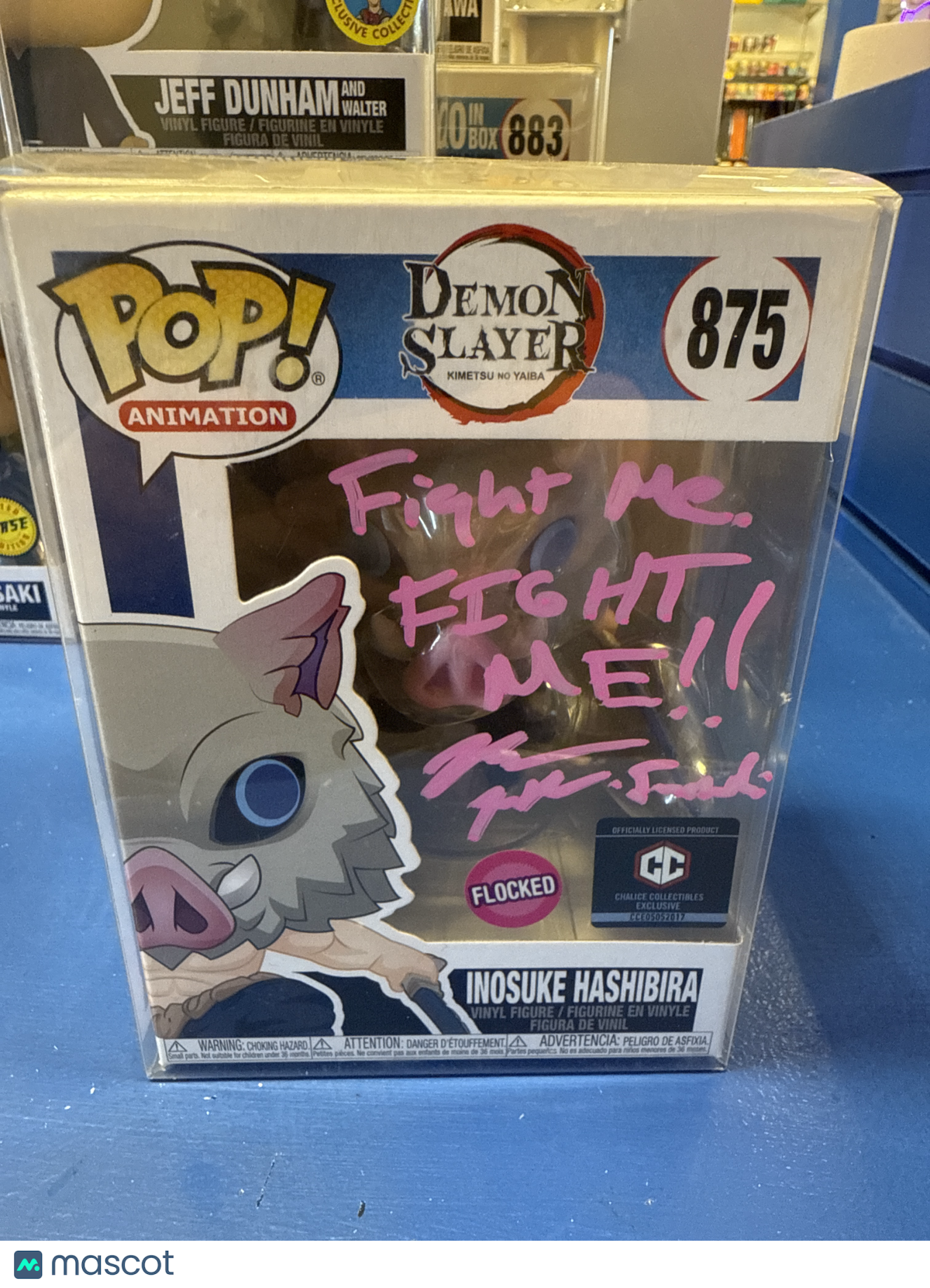 Funko Demon Slayer Inosuke Hashibira #875 (VG) CC Ex, Flocked(Bryce P. Auto PSA)