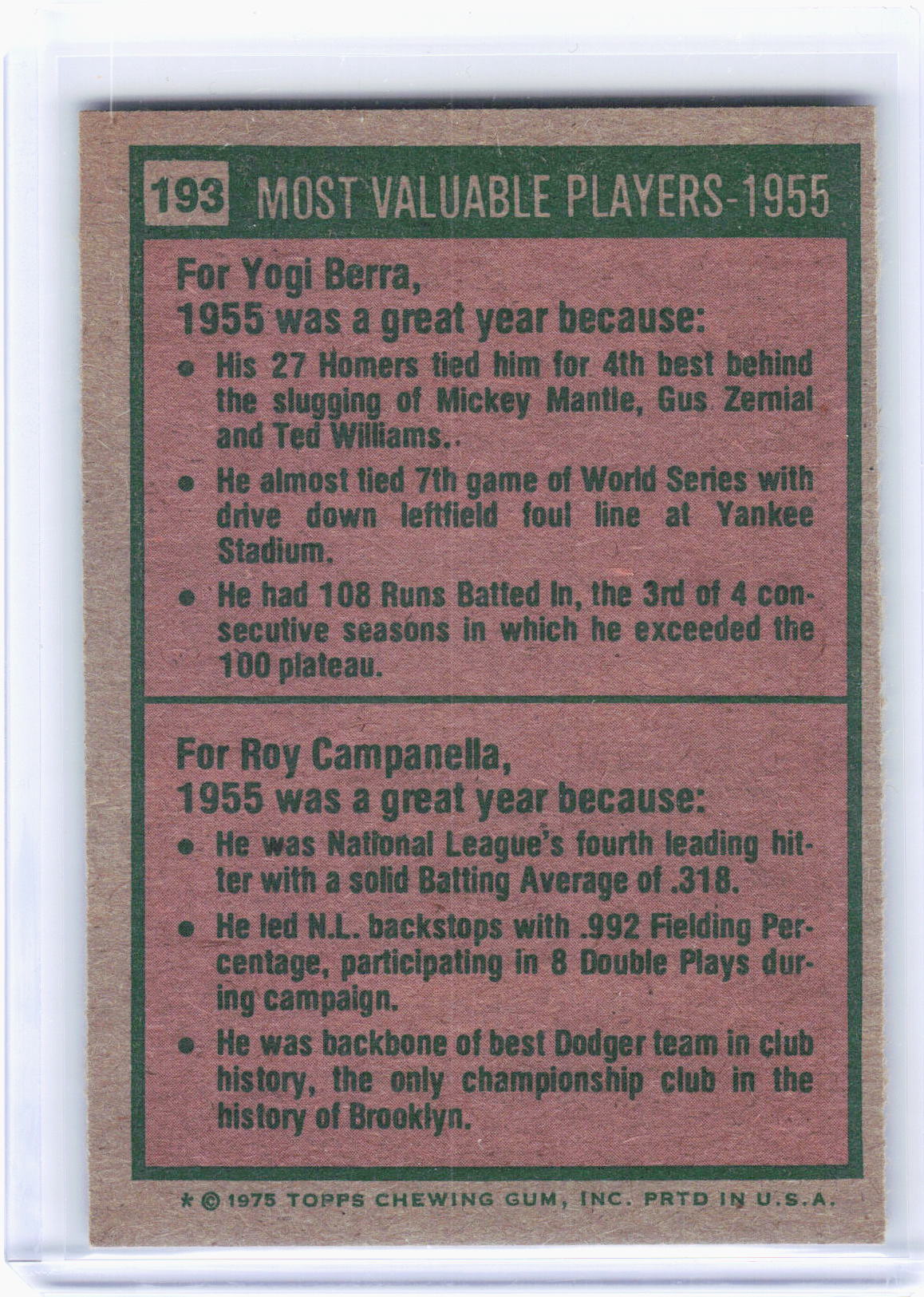 Topps 1975 Topps Baseball—1955 - Most Valuable Players #193 —Very Good