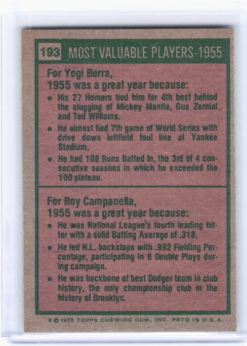 Topps 1975 Topps Baseball—1955 - Most Valuable Players #193 —Very Good