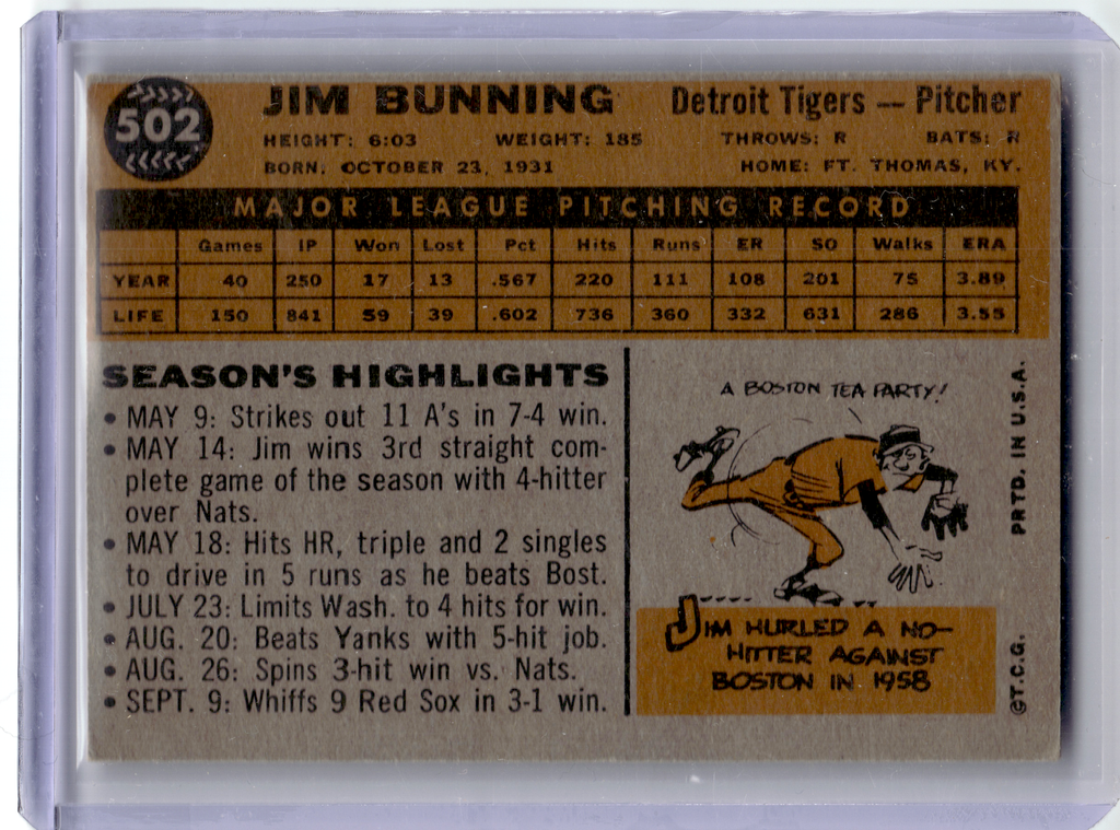 1960 Topps Baseball—Jim Bunning #502 —Very Good