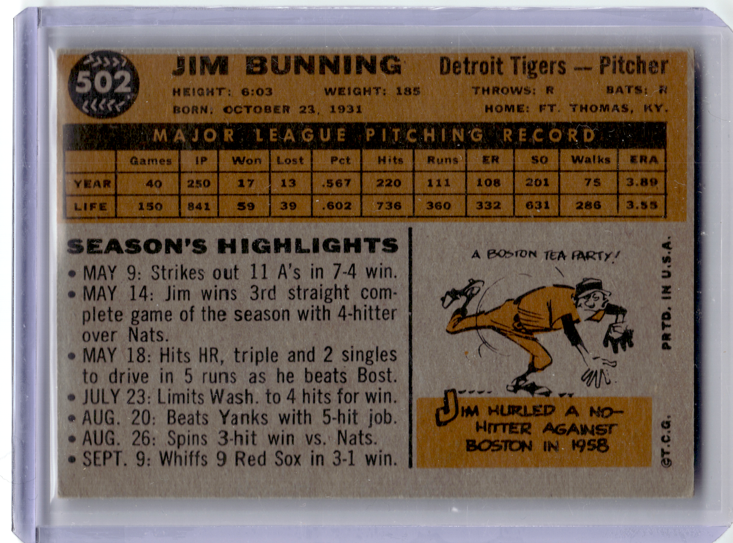 1960 Topps Baseball—Jim Bunning #502 —Very Good