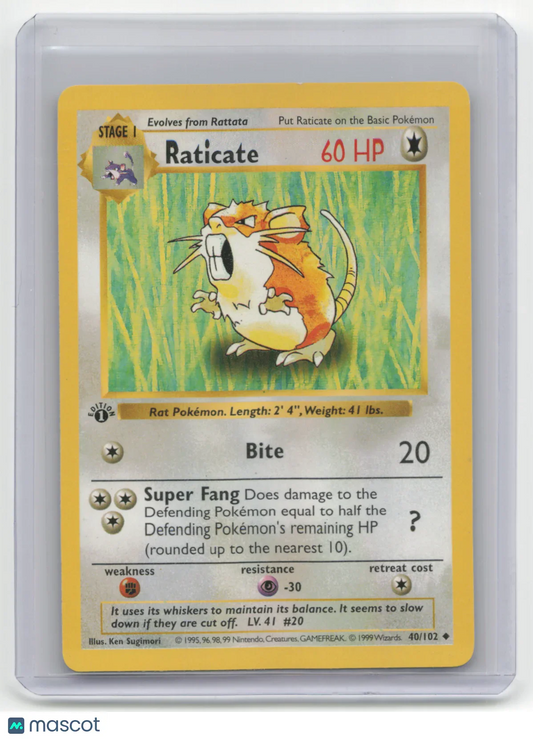 1999 Pokemon TCG Raticate Base Set #40/102 1st Edition Shadowless - Papa Joey's Collectibles