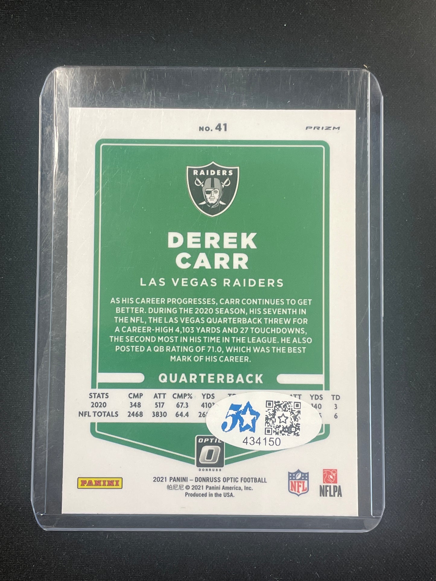 2021 Donruss Optic Football Derek Carr Autograph w/COA #41