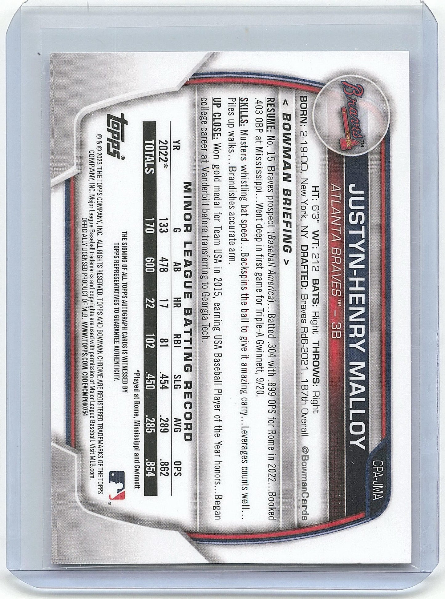 Topps 2023 Bowman Chrome Baseball Justyn-Henry Malloy 9/20. Autograph Issue #CPA-JHM