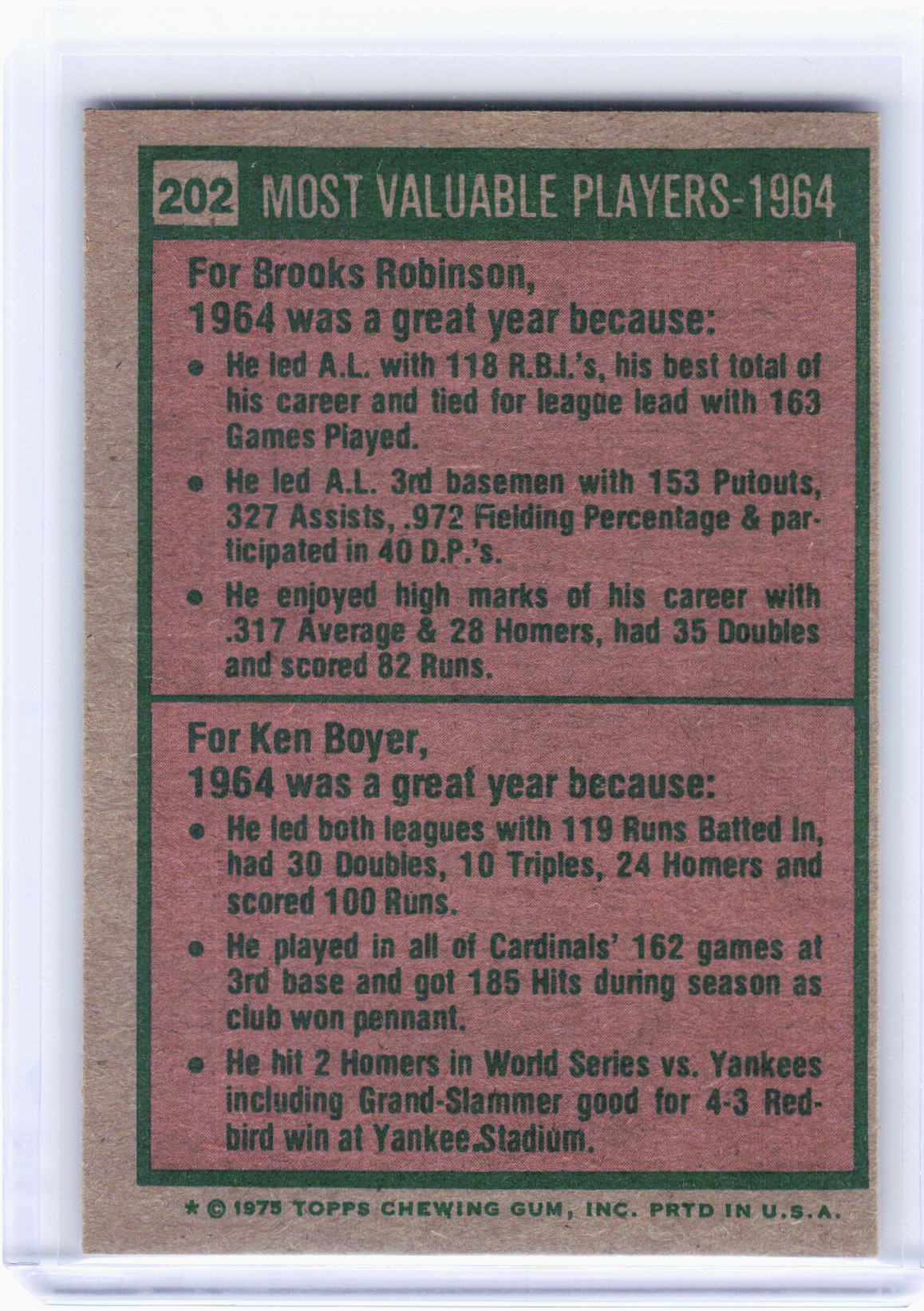 1975 Topps Baseball—1964 Most Valuable Players #202 —Very Good