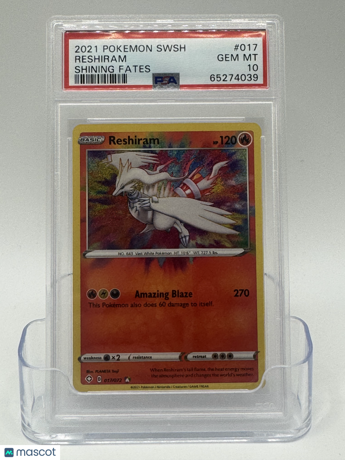 2021 Pokemon—Reshiram #017 Shining Fates—Amazing Rare Holo PSA 10