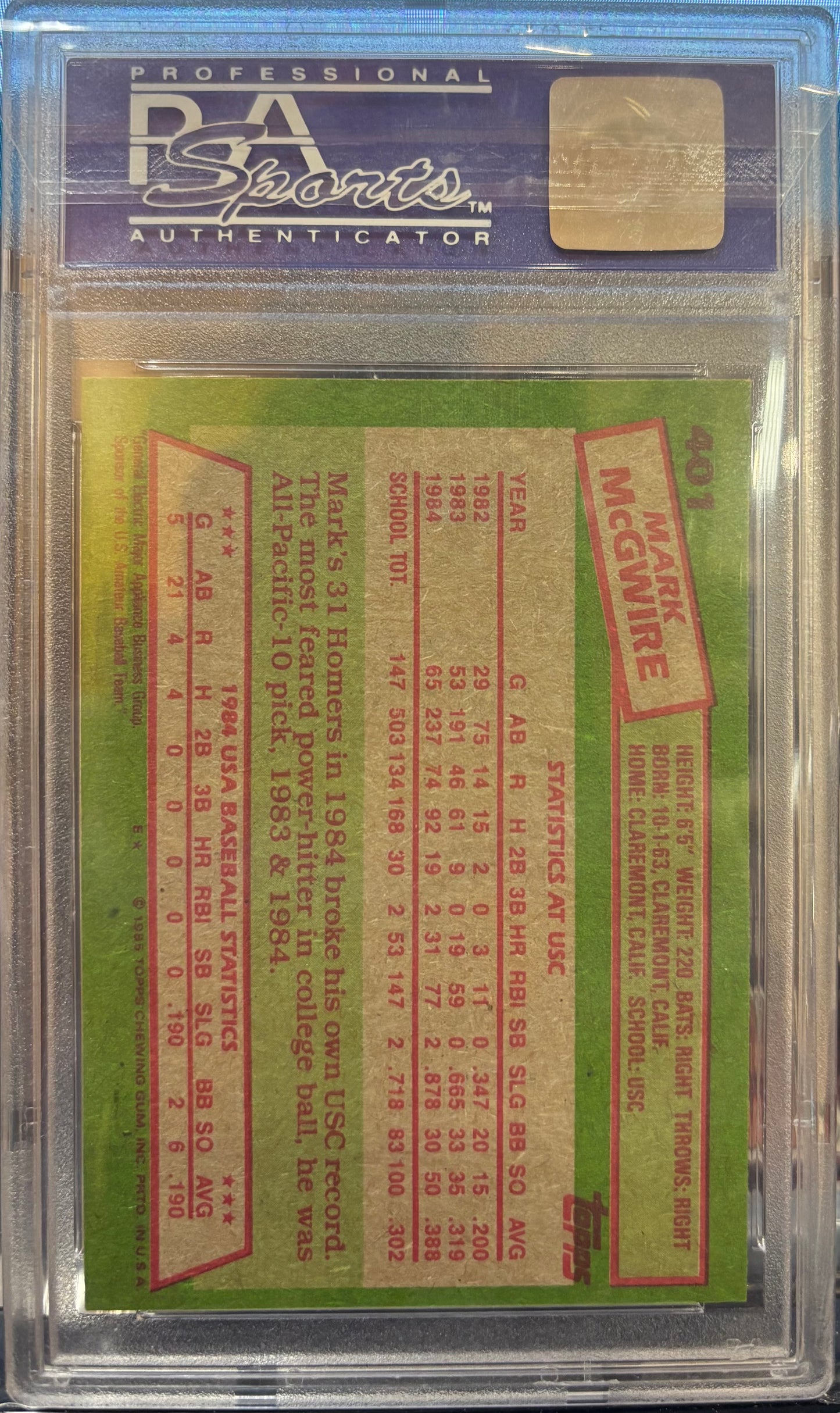 1985 Topps Baseball Mark Mcgwire Oc 1984 Usa Baseball Team #401 PSA 8