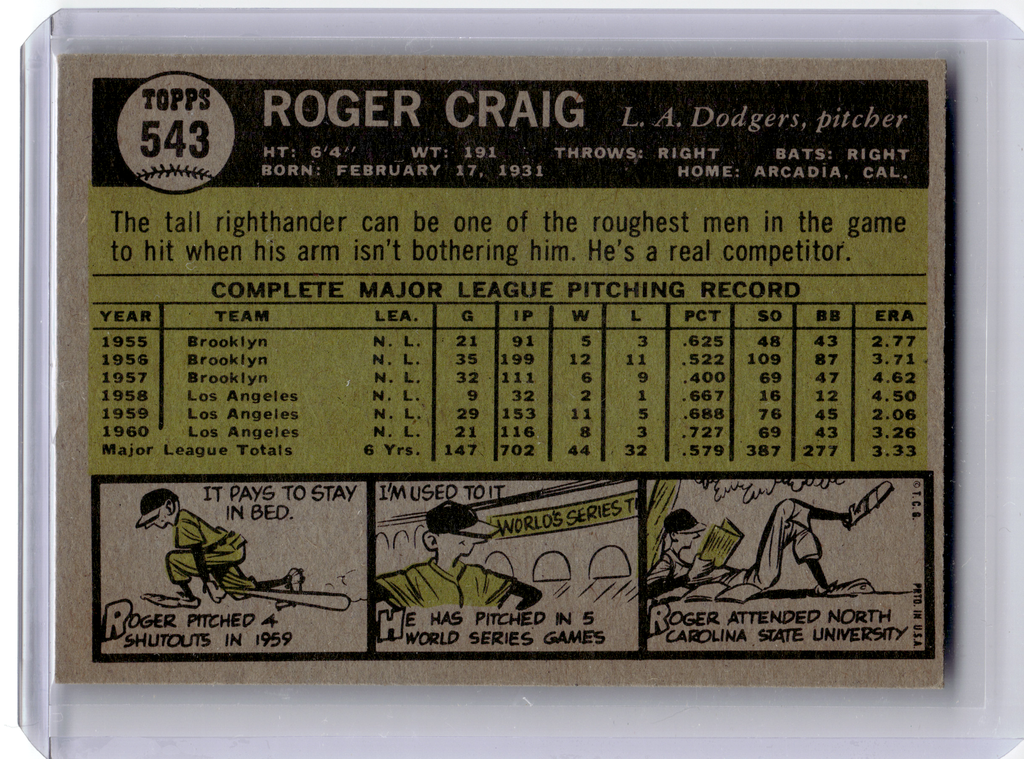 1961 Topps Baseball—Roger Craig #543 —Very Good