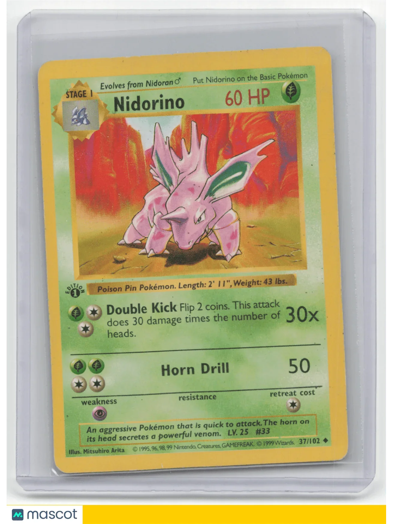 1999 Pokemon TCG Nidorino Base Set #37/102 English 1st Edition Shadowless - Papa Joey's Collectibles