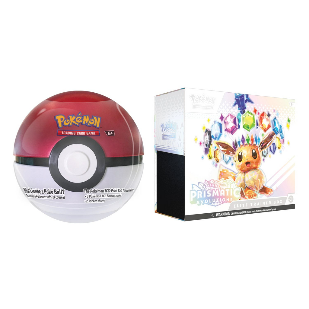 2025 Pokémon TCG: Scarlet & Violet Prismatic Evolutions Elite Trainer Box and Pokéball Tin 2-Pack Bundle