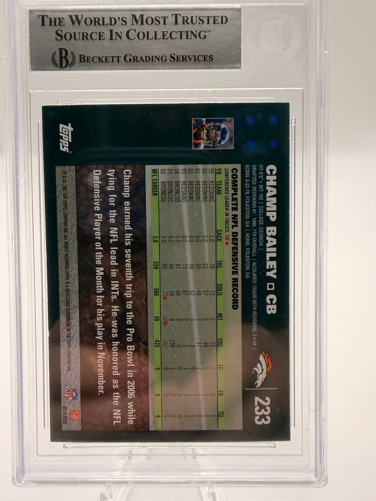2007 Topps Football—Champ Bailey #233 —Authentic Auto