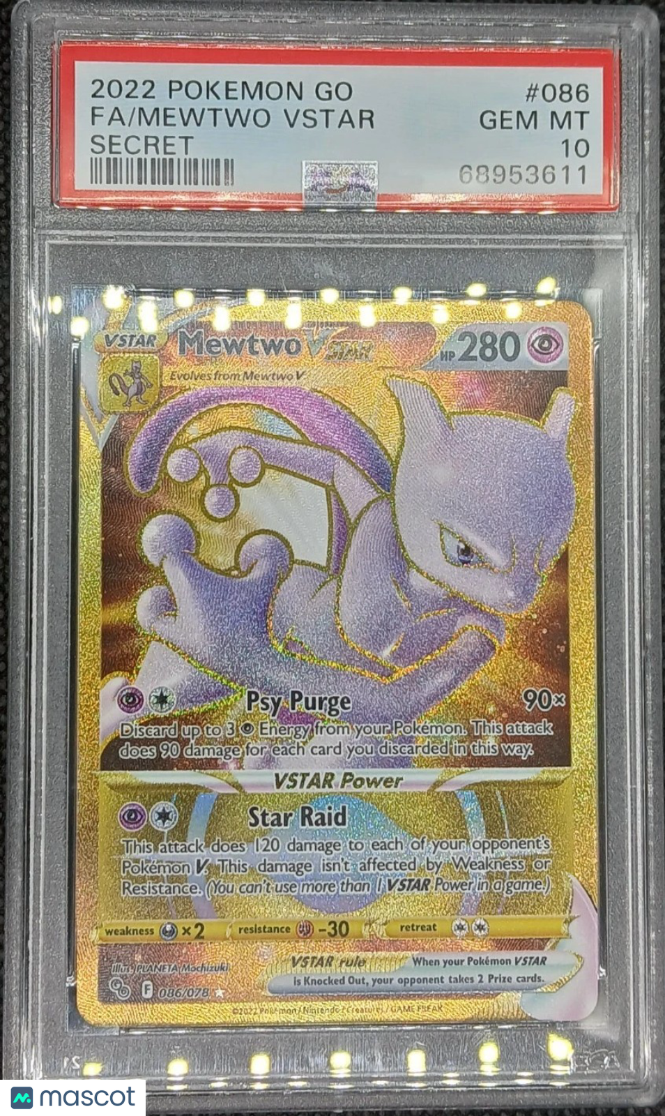 2022 Pokemon—Mewtwo VSTAR (Secret) #086/078 Pokémon GO—Secret Rare Holo PSA 10
