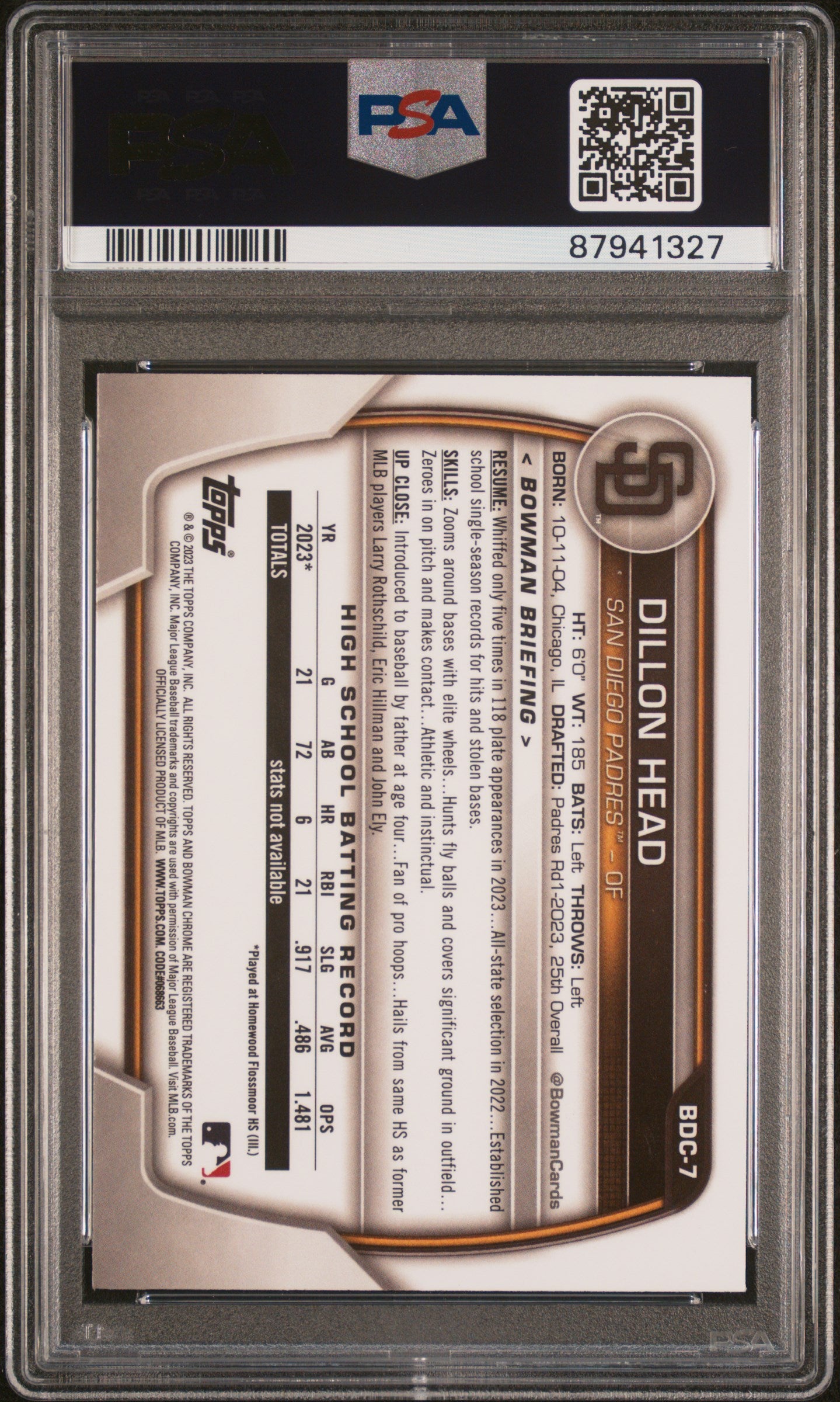 2023 Bowman Draft Baseball Dillon Head Fuchsia Lunar Ref #BDC7 PSA 10