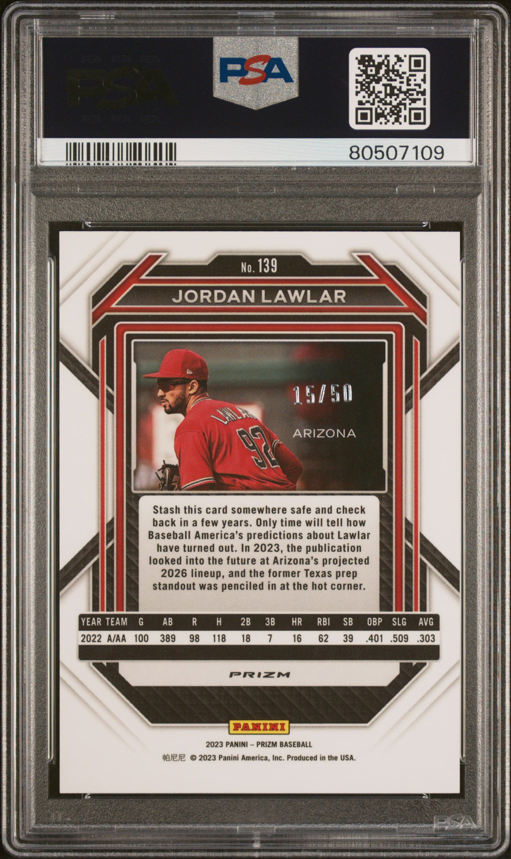 2023 Panini Prizm Baseball—Jordan Lawlar #139 Orange Wave —PSA 10
